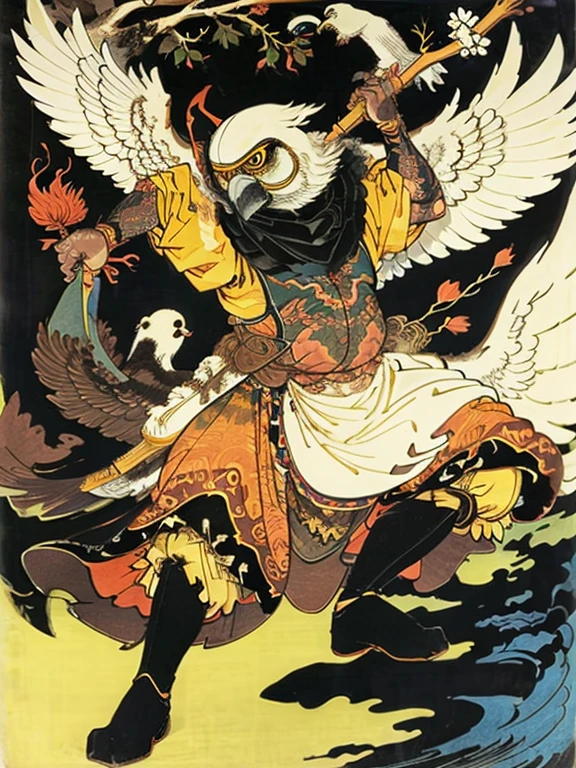 White crow with wings spread、Holding a bow
