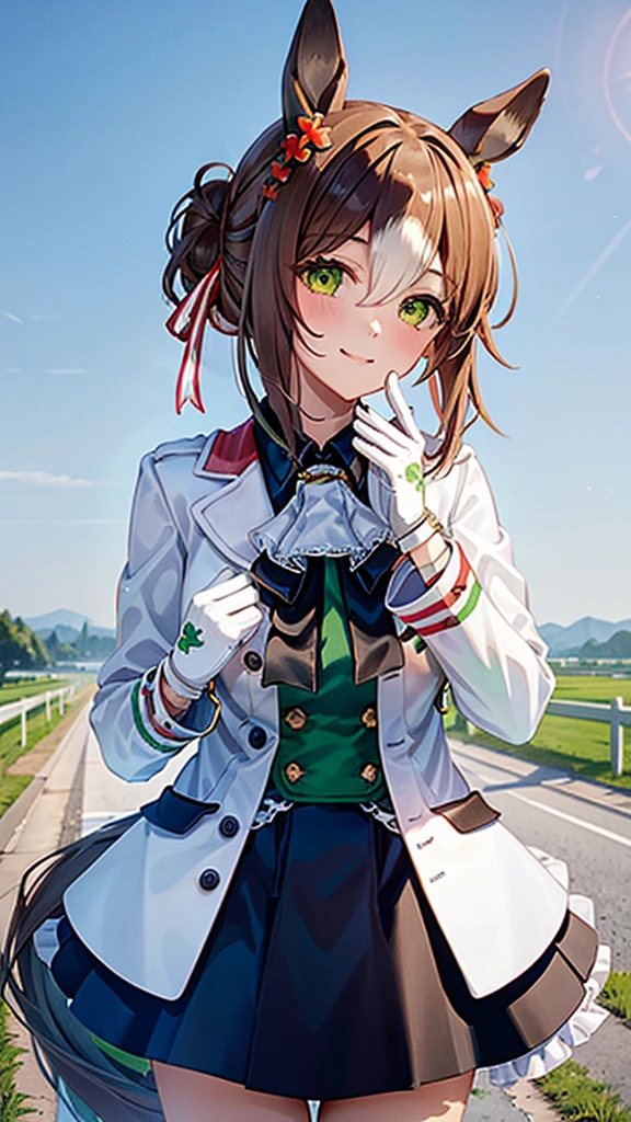 (masterpiece), high quality, high resolution, ultra-realistic, ultra-detailed, 1girl, solo, breasts, looking at viewer, blush, smile, bangs, skirt, brown hair, shirt, hair ornament, gloves, long sleeves, ribbon, animal ears, hair between eyes, medium breasts, closed mouth, green eyes, jacket, hair ribbon, flower, white hair, multicolored hair, cowboy shot, pleated skirt, outdoors, open clothes, sky, day, black gloves, collared shirt, hand up, hair flower, black skirt, hair bun, two-tone hair, open jacket, blue sky, black shirt, ascot, dutch angle, single hair bun, white jacket, horse ears, horse girl, green shirt, black ascot, fine motion \(umamusume\)