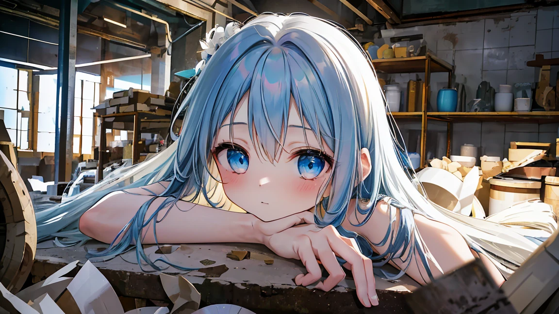 masterpiece, best quality, extremely detailed, (illustration, official art:1.1), 1 girl ,(((( light blue long hair)))), light blue hair, ,10 years old, long hair ((blush)) , cute face, big eyes, masterpiece, best quality,(((((a very delicate and beautiful girl))))),Amazing,beautiful detailed eyes,blunt bangs((((little delicate girl)))),tareme(true beautiful:1.2), sense of depth,dynamic angle,affectionate smile, (true beautiful:1.2),,(tiny 1girl model:1.2),(flat chest)), 
Soft Focus , (Bright gradient watercolor :1.5, Lens Flare:1.5 , Glitter :1.5),(Masterpiece, top quality, super detailed CG, ultra detailed beautiful face and eyes,super detailed, intricate details:1.2), 8k wallpapers, elaborate features,
(1 person, solo:1.4)perfect cartoon illustration,(1 person, solo:1.4)
(realistic textures:0.8), high res, cute, (vivid colors, dynamic lighting:1.0), (high contrast:0.8),
A girl (in her teens) with a mysterious atmosphere overlooking the lowlands from the top of a steep cliff, very pretty face, long glossy blue hair, clear sky-blue eyes, clear skin, slender arms and legs (both barefoot), wearing only a white dress that reaches down to her calves, surrounded by blue phosphorescence. Blue phosphorescence surrounds her, ruins spread far and wide in front of her, the place is a fantastic and vast urban ruin, the time is night and the area is dark, but stars and a big moon are shining brightly in the sky, back view, so that her whole body is included in the illustration.