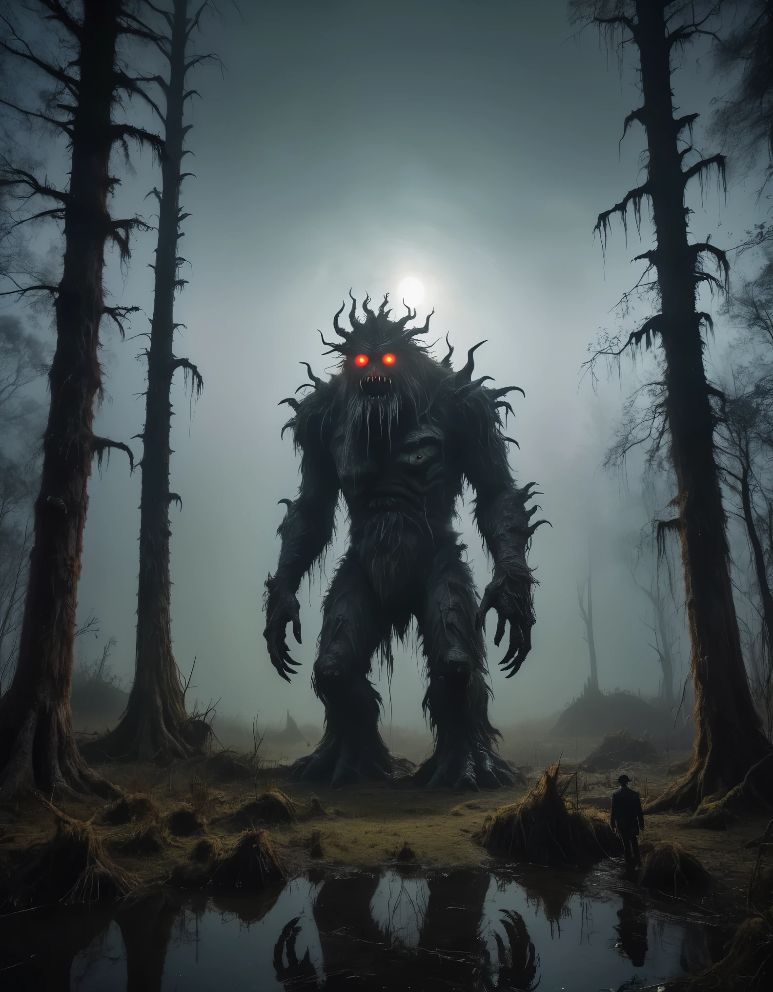 A photo of a (kolossal monster:1.3), towers over a (lone wanderer:1.1) in vintage suit, dark shaggy fur, (Glowing eyes:1.2), foggy, dark forest or swamp, night, hard to see, (rugged mountain scenery:1.1), ethereal light shafts, (old eerie trees:1.1), tranquil yet Foreboding, Sony A1, 1/800er, F/5.6, ISO 320, epic scale, high dynamic range, immersive environment, raw photography, professional grade,