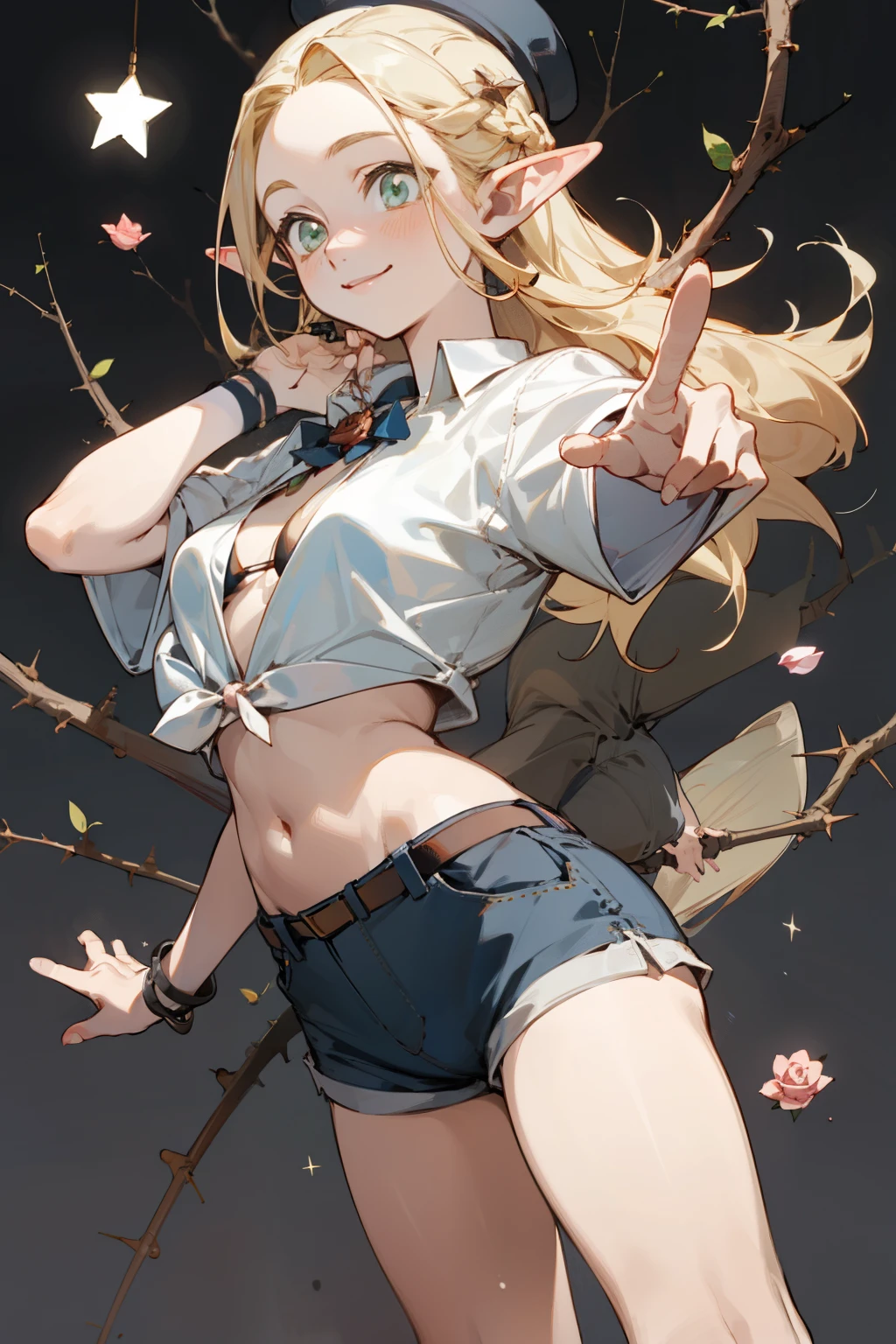 A bikini、Blonde girl wearing hat and silver accessories ,elegant, Pointed ears ,White shirt and shorts,Waist-length hair,Smile,Star decoration,White lace socks,thorns,Rose