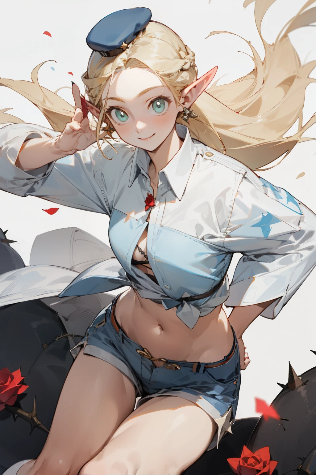A bikini、Blonde girl wearing hat and silver accessories ,elegant, Pointed ears ,White shirt and shorts,Waist-length hair,Smile,Star decoration,White lace socks,thorns,Rose