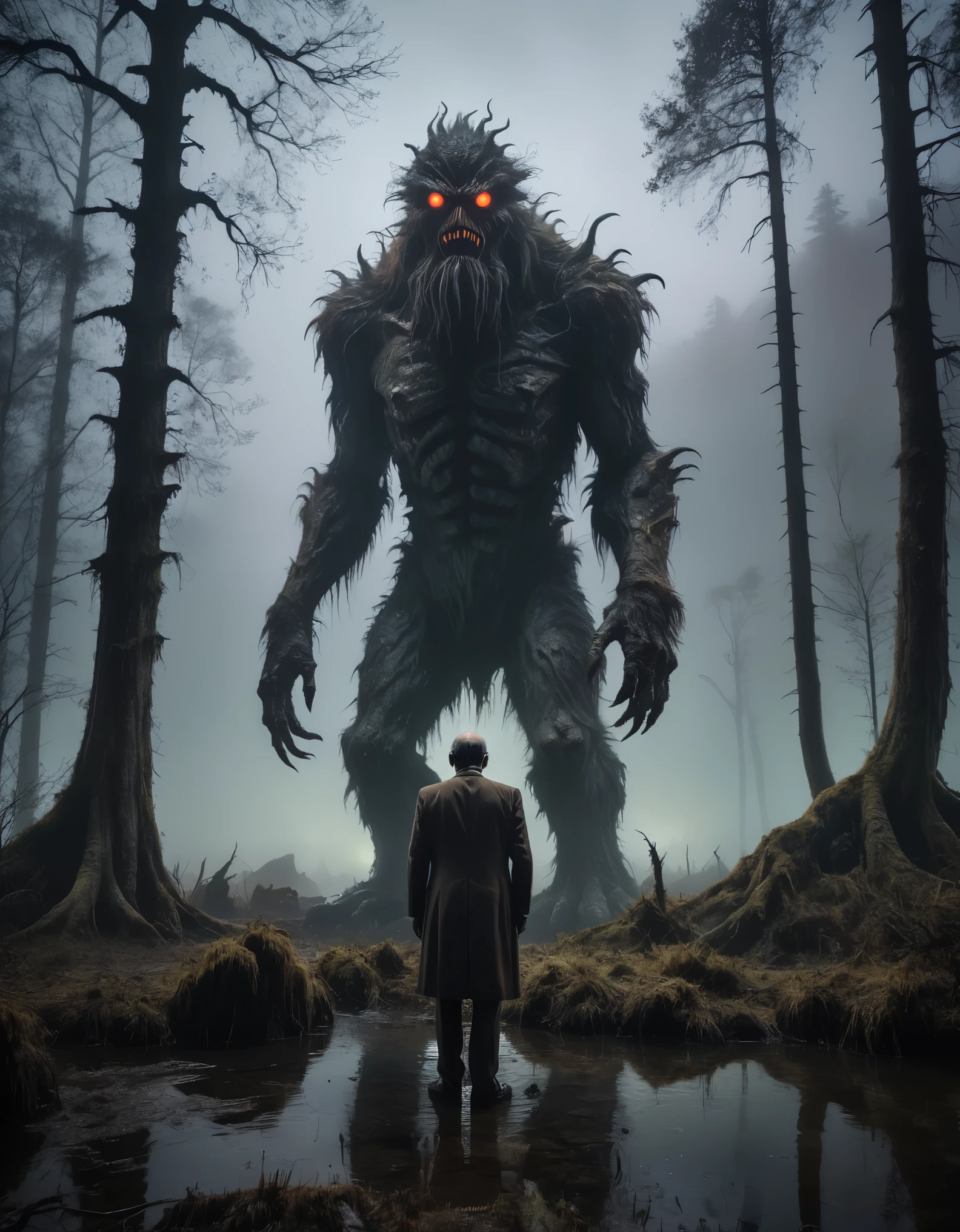 A photo of a (kolossal monster:1.3), towers over a (lone wanderer:1.1) in vintage suit, dark shaggy fur, (Glowing eyes:1.2), foggy, dark forest or swamp, night, hard to see, (rugged mountain scenery:1.1), ethereal light shafts, (old eerie trees:1.1), tranquil yet Foreboding, Sony A1, 1/800er, F/5.6, ISO 320, epic scale, high dynamic range, immersive environment, raw photography, professional grade,