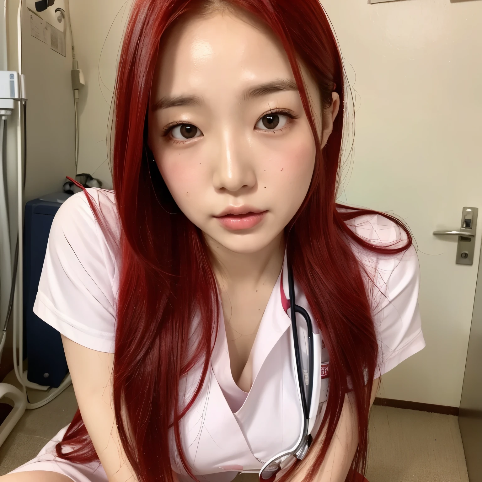 (highest quality,),One Girl,Japanese,Huge breasts,Long Hair,Straight hair,Red Hair,White,nurse,Female doctor,hospital,sweating,Sweaty,Sweaty,Shiny skin,Sexy face,Beautiful legs