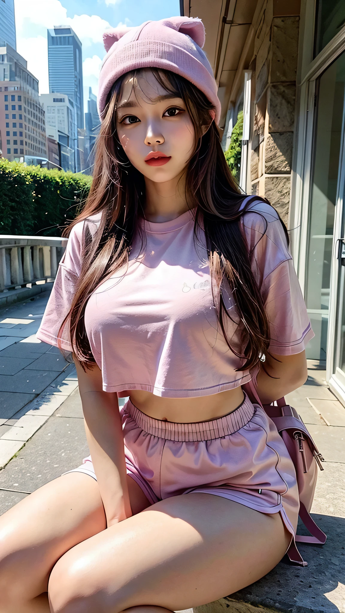 Best quality: 1.4, high resolution, perfect lighting, 1 girl, big breasts, pink shirt, pink shorts, pink hat, backpack, knee-high socks, city