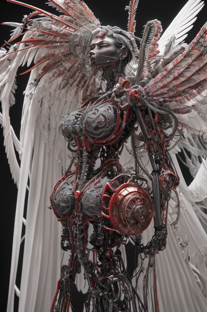 complex 3d render Super detailed beautiful death angel, Biomechanical Cyborg, Analog 150mm lens, Beautiful natural soft rim light, Crystal feathers, roots, Fine leaf lace, Colorful details, Costumes by Boris Bidjan Saberi, Pearl Earrings, Earrings, Art Nouveau fashion embroidery, Intricate details, Mesh Wire, Mandelbrot Fractal, Facial muscles, Cable Wire, Microchip, amazing, Ultra-realistic, Super detailed, Octane Rendering,  Volumetric lighting, 8K Post-Production, Red and white with a little bit of black, Exquisite metal bones, Half-human, Rainbow-colored, Hans Ruedi Giger(1.5), Glenn Brown Style, Futuristic room, God&#39;s Power, High angle shot, Complex body poses