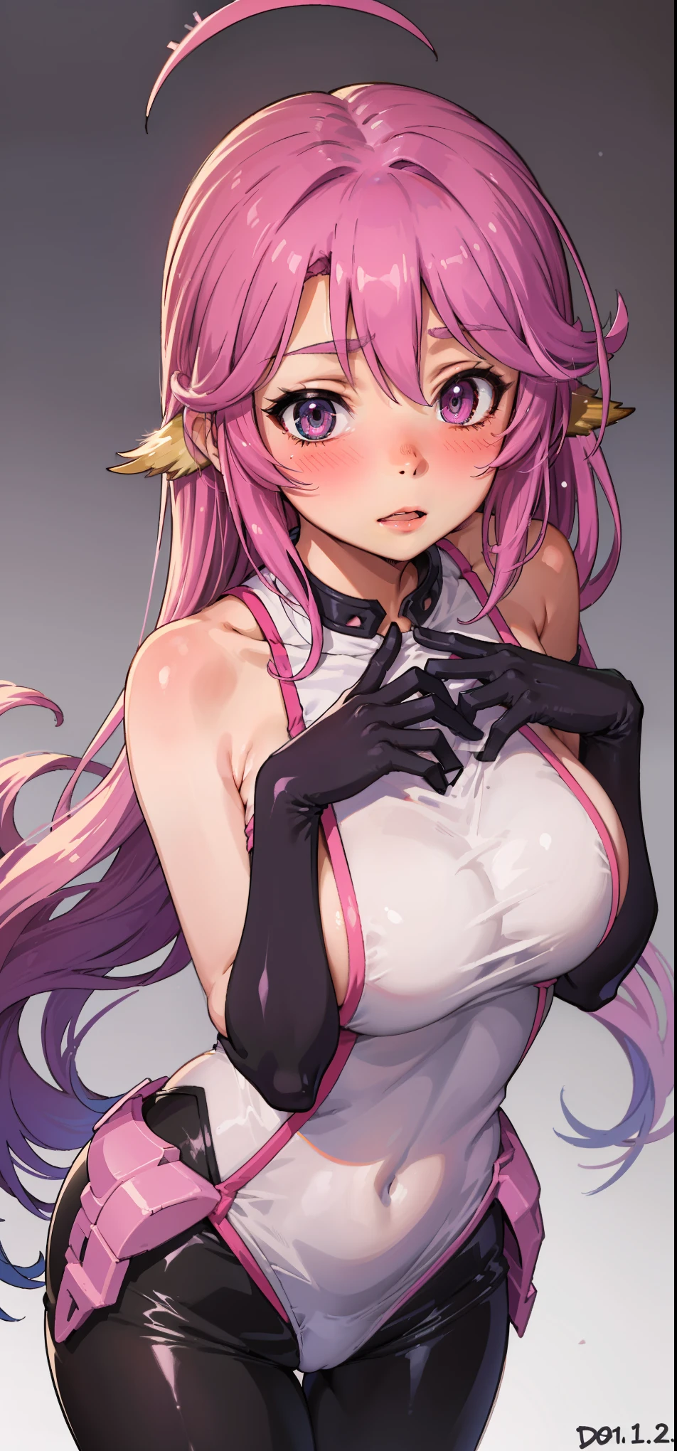 Jibril, (standing straight), blushed, perfect anatomy, detailed eyes, detailed lips, extremely detailed eyes and face, vivid colors, sharp focus, masterpiece:1.2, ultra-detailed, blushed, ((doggystyle)), (solo), sleeveless, bodysuit, solo.