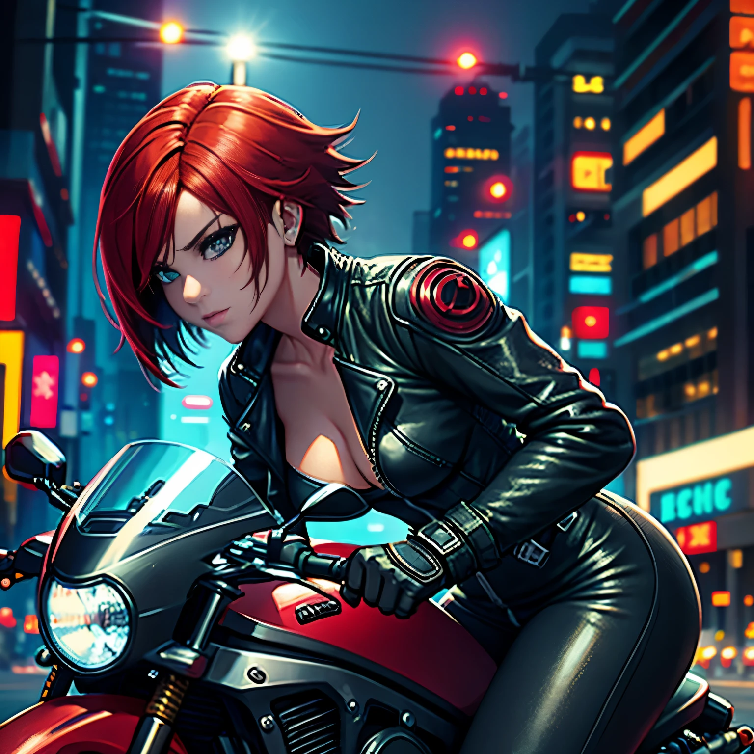 biker girl, motorcycle, Leather one-piece garment, Short hair, Dark colors, Cyberpunk, Neon lights, Red hair, Sexy, tightsuit, Night, the city street, mitts, rain