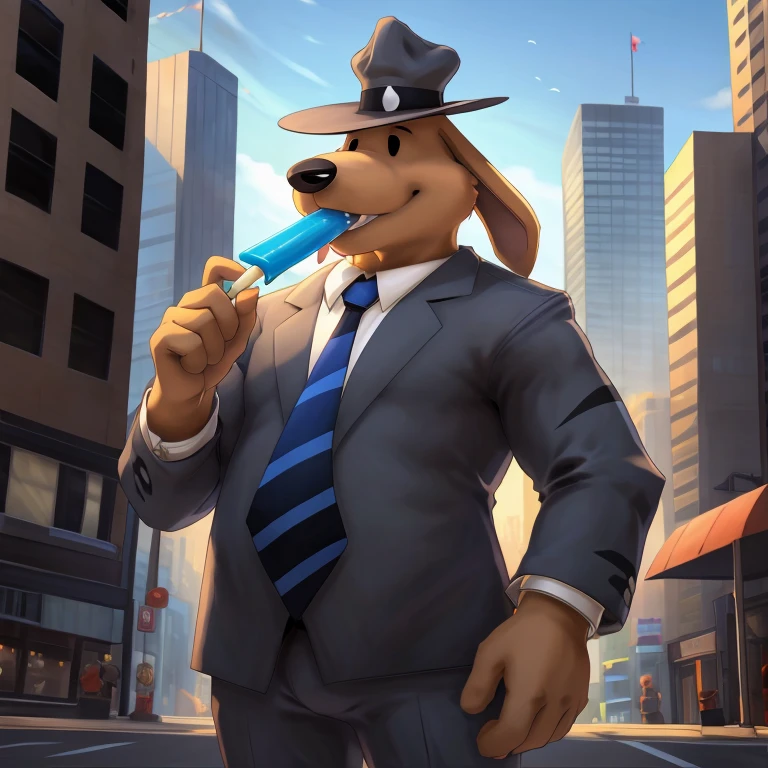 Male, solo, upper body, mature, tall, slightly chubby, floppy ears, black eyes, brown fur, blue grey suit, hat, blue tie with black stripes, holding popsicle, licking popsicle, city background 