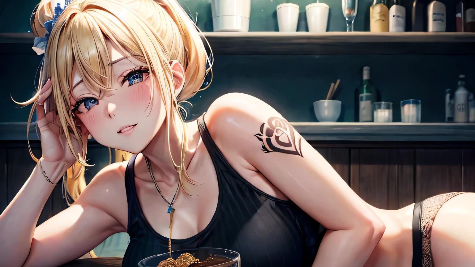 Beauty　Adult women　Provocative face　Tattoo　one person　Blonde Hair　ponytail　Tank top　Big Tits　Abandoned bar　Bourbon　Highest　4K　high quality　high resolution　Precision　Detailed, delicate and high quality expression　Detailed, delicate and high quality eyes　Detailed, delicate and high quality hair　