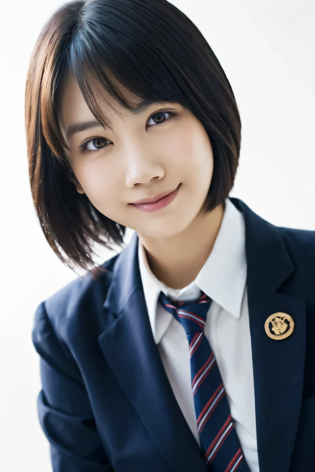 1 girl, (White shirt with red tie, Wearing a navy blue jacket:1.2), Very beautiful Japanese idol portraits, 
(RAW Photos, highest quality), (Realistic, Realistic:1.4), (masterpiece), 
Very delicate and beautiful, Very detailed, 2k wallpaper, wonderful, finely, Very detailed CG Unity 8K wallpaper, Very detailed, High resolution, Soft Light, 
Beautiful detailed girl, Very detailed目と顔, Beautiful and sophisticated nose, Finely beautiful eyes, Cinema Lighting, 
(Simple light color background:1.3),
(short hair), (bangs), 
Complete Anatomy, Slender body, Small breasts, smile