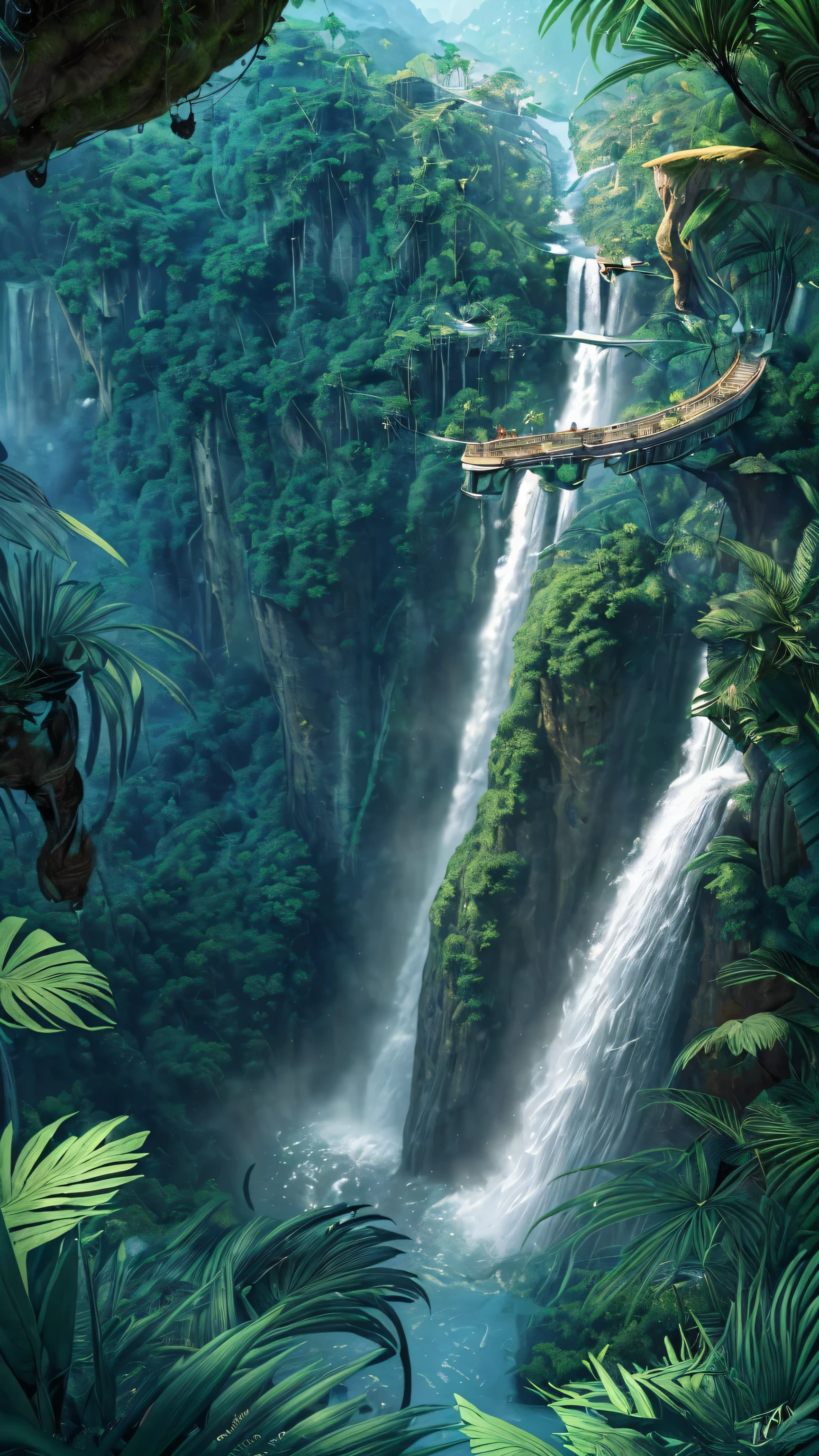 masterpiece, best quality, (Extremely detailed CG Unity 8K wallpaper), (best quality), (Best Illustration), (Best shadows), When landing，Suspended on the ground，There are vines at the bottom , There are tropical rainforests on both sides, Waterfalls fall from the sky, Isometric 3D, Octane Rendering, Ray Tracing, Ultra Detailed