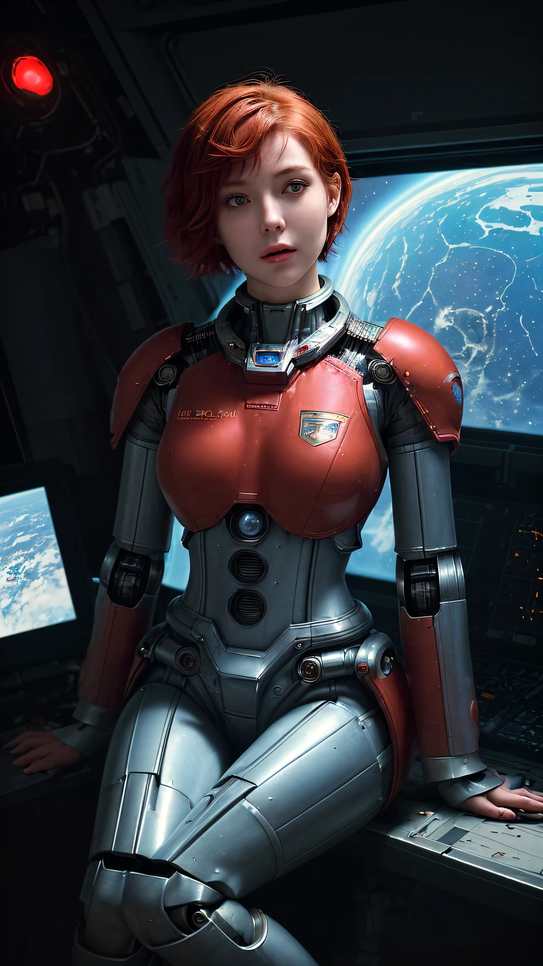 Ridiculous resolution, high resolution, (masterpiece: 1.4), Ultra Detail, 1 young woman, Red short hair, Pilot suit, Rich Princess, Sitting in the extremely small and closed mecha control room，Looking out the window, The window is the space universe and you can see the blue planet (1.5), Very excited expression, Mecha control room in the universe