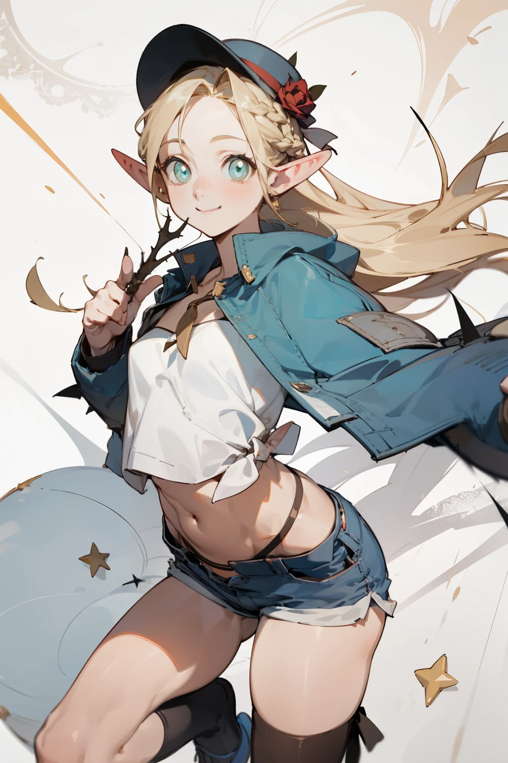 A bikini、girl in a hat,(masterpiece, best quality) detailed,silver accessories , Blonde ,elegant, Pointed ears ,White shirt,Double tail,Waist-length hair,Smile,Star decoration,White lace socks,thorns,Rose,Vest line