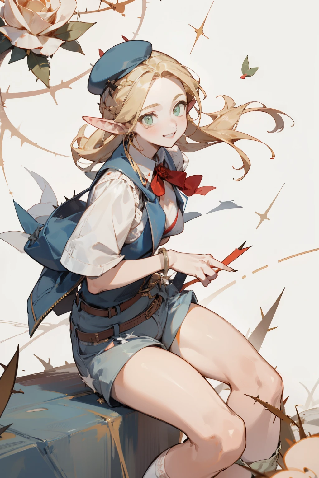 A bikini、Blonde girl wearing hat and silver accessories ,elegant, Pointed ears ,White shirt and shorts,Waist-length hair,Smile,Star decoration,White lace socks,thorns,Rose,Vest line