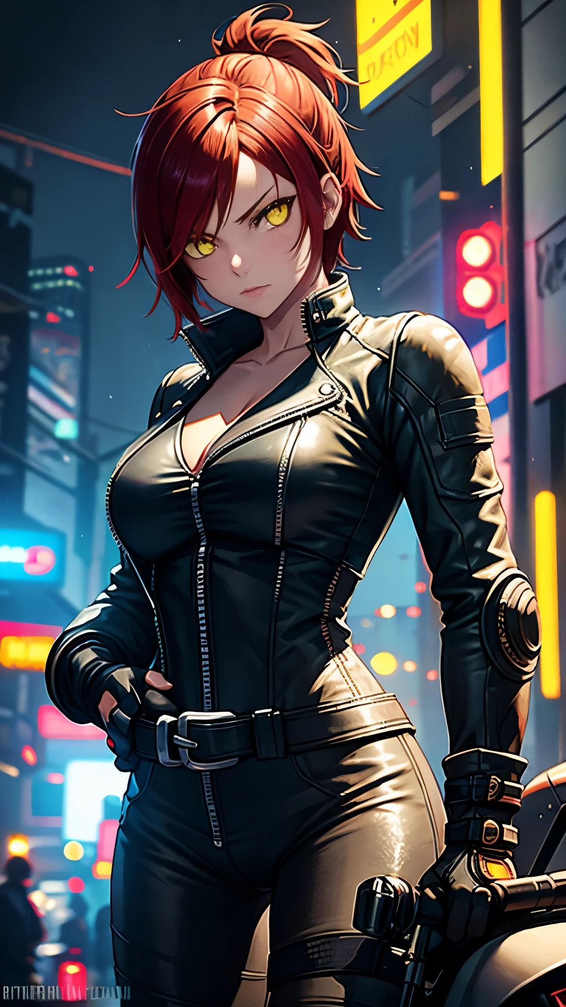 biker girl, motorcycle, Leather one-piece garment, Short hair, yellow glowing eyes, Dark colors, Cyberpunk, Neon lights, Red hair, Sexy, tightsuit, Night, the city street, mitts, rain