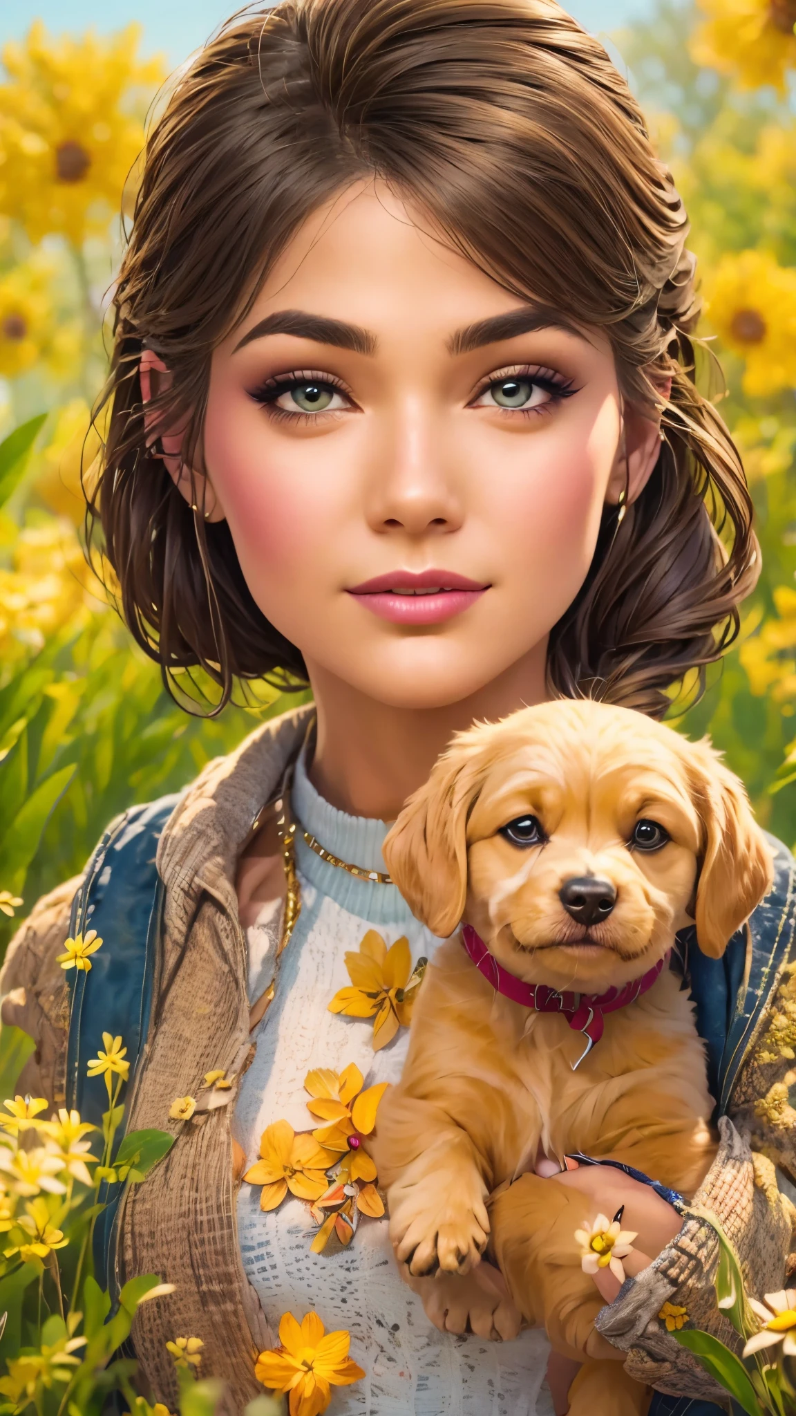 Tip: A very charming  with a backpack and her cute puppy enjoying a lovely spring outing surrounded by beautiful yellow flowers and nature. The illustration is a high-definition illustration in 4k resolution, featuring highly detailed facial features and cartoon-style visuals.  