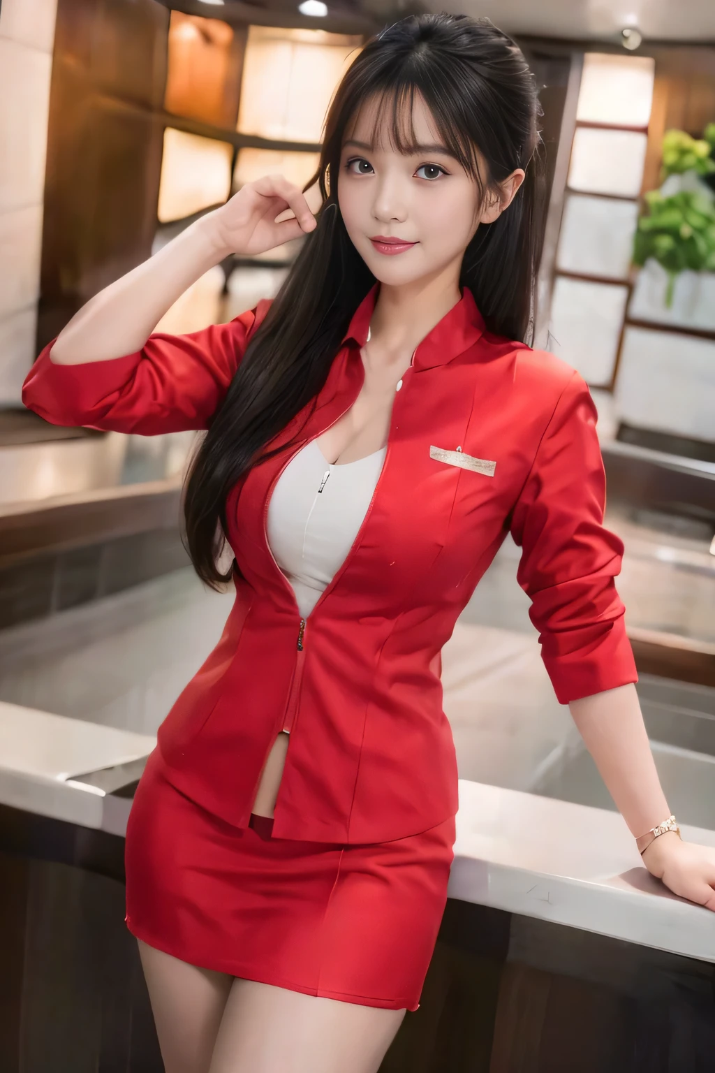 (masterpiece:1.2, highest quality:1.2), 32K HDR, High resolution, (alone, 1 girl), （Realistic style with AirAsia flight attendant uniforms）, (At the airport counter, Professional Lighting)、A proper woman, Beautiful Face, air asia uniform、（Unzipped red jacket、AirAsia uniform long sleeve red jacket、AirAsia uniform red tight skirt、AirAsia uniform white shirt unbuttoned）、AirAsia uniform shirt cleavage reveals big 、Long hair that reaches down to the legs、Dark brown hair、Long Shot、（（Fine hand：2.0）），（（Harmonious body proportions：1.5）），（（Normal limbs：2.0）），（（Normal finger：2.0）），（（Delicate eyes：2.0）），（（Normal eyes：2.0））)、Beautiful standing posture