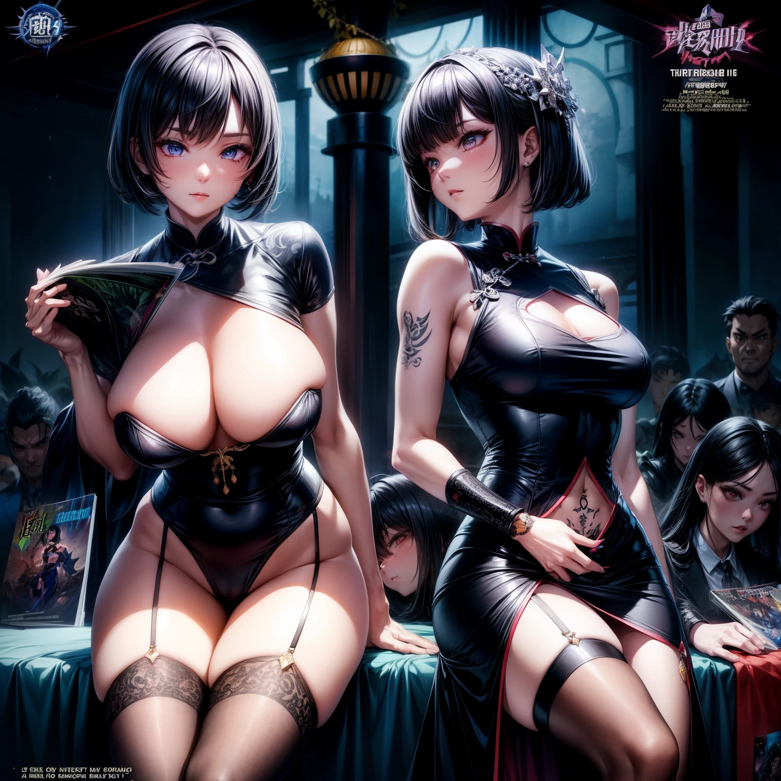 A girl,cheongsam,中式黑色cheongsam,High slit,Ball Head,Dark Magic, Dark Forest, negaive energy, hell, Blank, Star, Black Hair,A girl跪着,photo,Unreal Engine 5 Photorealistic Rendering,(cover comic magazine:1.6),game character, Role Player, Standing on Kyoto Castle, Pretty Face, Arm tattoo,Chest tattoo,ace of spades,Belly tattoo,Body hyperreality,thick muscles,Excellent!! Types with bobelon, Big Case, Nourishes and brightens your body, Black short hair,black latex suit,Put your hands behind your back,Sit in your seat,metro station,on the MRT,business attire,Heart-shaped,,White garter belt,side view,Perspective Distortion