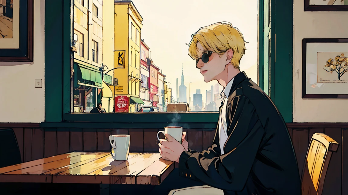 sitting in a cafe at night、Cool and handsome Asian boy with blonde hair, Wearing sunglasses、Visible from the window, Perfect Face, White shirt、Black jacket, Neon Black, (Backlight: 1.1), Hard Shadows, masterpiece, highest quality, Complex, Model shooting style, Vintage, Film Grain、Natural Body、profile、Photo taken from a distance、Draw the whole cafe、every day、coffee