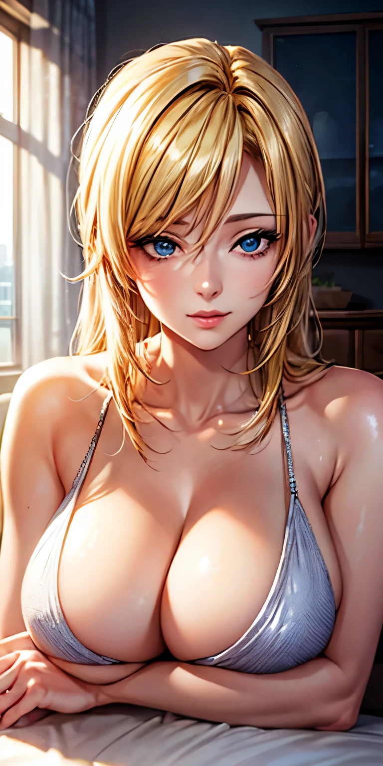 portrait, realistic, blue eyes, blonde hair, big breast, 4k resolution, high quality cg, beautiful cg, soft light, 