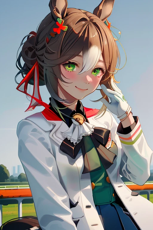 (masterpiece), high quality, high resolution, ultra-realistic, ultra-detailed, 1girl, solo, breasts, looking at viewer, blush, smile, bangs, skirt, brown hair, shirt, hair ornament, gloves, long sleeves, ribbon, animal ears, hair between eyes, medium breasts, closed mouth, green eyes, jacket, hair ribbon, flower, white hair, multicolored hair, cowboy shot, pleated skirt, outdoors, open clothes, sky, day, black gloves, collared shirt, hand up, hair flower, black skirt, hair bun, two-tone hair, open jacket, blue sky, black shirt, ascot, dutch angle, single hair bun, white jacket, horse ears, horse girl, green shirt, black ascot, fine motion \(umamusume\)