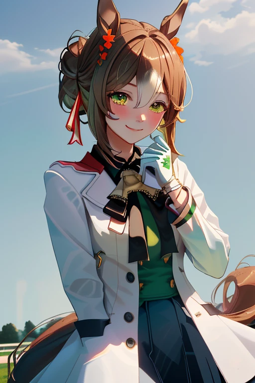 (masterpiece), high quality, high resolution, ultra-realistic, ultra-detailed, 1girl, solo, breasts, looking at viewer, blush, smile, bangs, skirt, brown hair, shirt, hair ornament, gloves, long sleeves, ribbon, animal ears, hair between eyes, medium breasts, closed mouth, green eyes, jacket, hair ribbon, flower, white hair, multicolored hair, cowboy shot, pleated skirt, outdoors, open clothes, sky, day, black gloves, collared shirt, hand up, hair flower, black skirt, hair bun, two-tone hair, open jacket, blue sky, black shirt, ascot, dutch angle, single hair bun, white jacket, horse ears, horse girl, green shirt, black ascot, fine motion \(umamusume\)