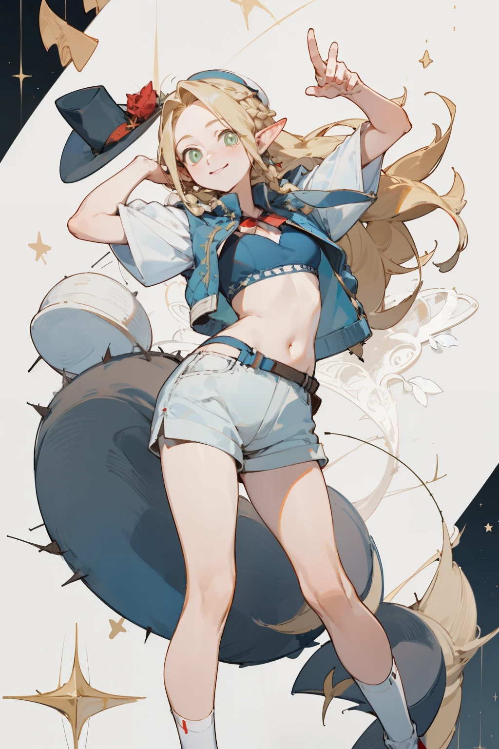 A bikini、girl in a hat，(masterpiece, best quality) detailed,silver accessories , Blonde ,elegant, Pointed ears ，White shirt，shorts，Double tail，Waist-length hair，Smile，Star decoration，White lace socks，thorns，Rose，Vest line