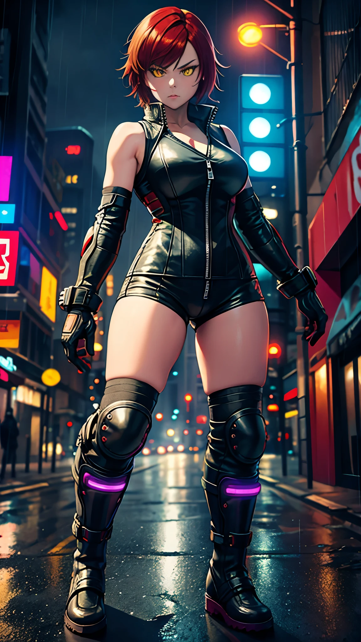 biker girl, motorcycle, Leather one-piece garment, Short hair, yellow glowing eyes, Dark colors, Cyberpunk, Neon lights, Red hair, long boots, tightsuit, Night, the city street, mitts, rain