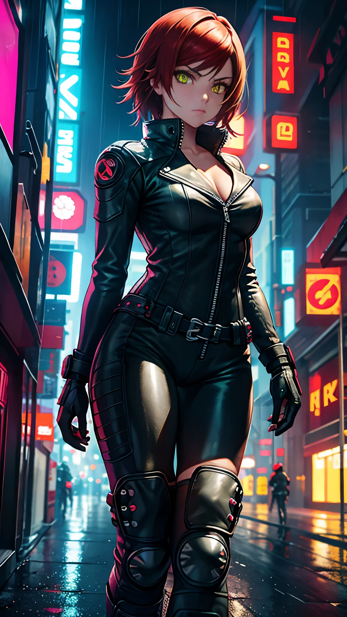 biker girl, motorcycle, Leather one-piece garment, Short hair, yellow glowing eyes, Dark colors, Cyberpunk, Neon lights, Red hair, long boots, tightsuit, Night, the city street, mitts, rain