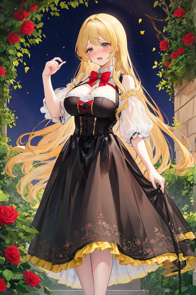 A woman with big ,Gorgeous woman,((Idol)),(Middle-aged woman),((30 years old)),Gorgeous Rococo dress,Long blond hair,Smooth underbust,Exquisite,rose Garden,cry,Tears,