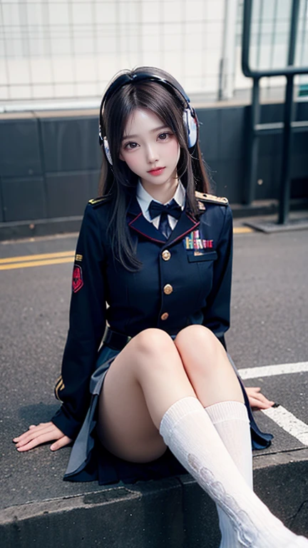 star、Supermodel、Perfectly built、Muchimuchi、Three girls are looking at the viewer、girl、、Knee socks、Beautiful legs、、cyber punk、headphone、A kind smile、seen by girls、Innocent face、Military uniform lolita