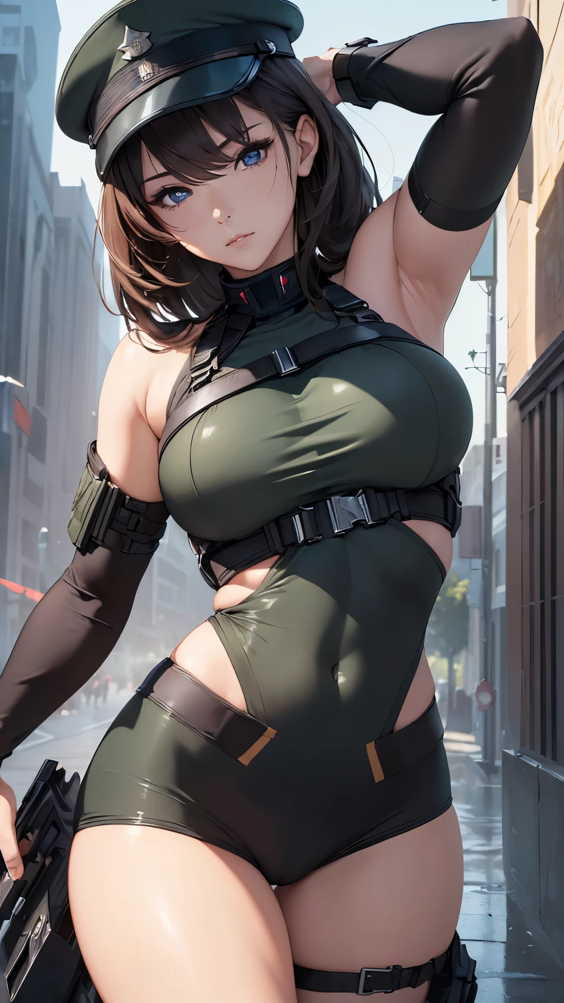 (((masterpiece))),(((High resolution)))、(((8K)))、(((perfect face)))、(((woman modern soldier))), look at the camera, thighs, ((top quality eyes)), ((detailed eyes)), ((detailed face)), (detailed texture)
