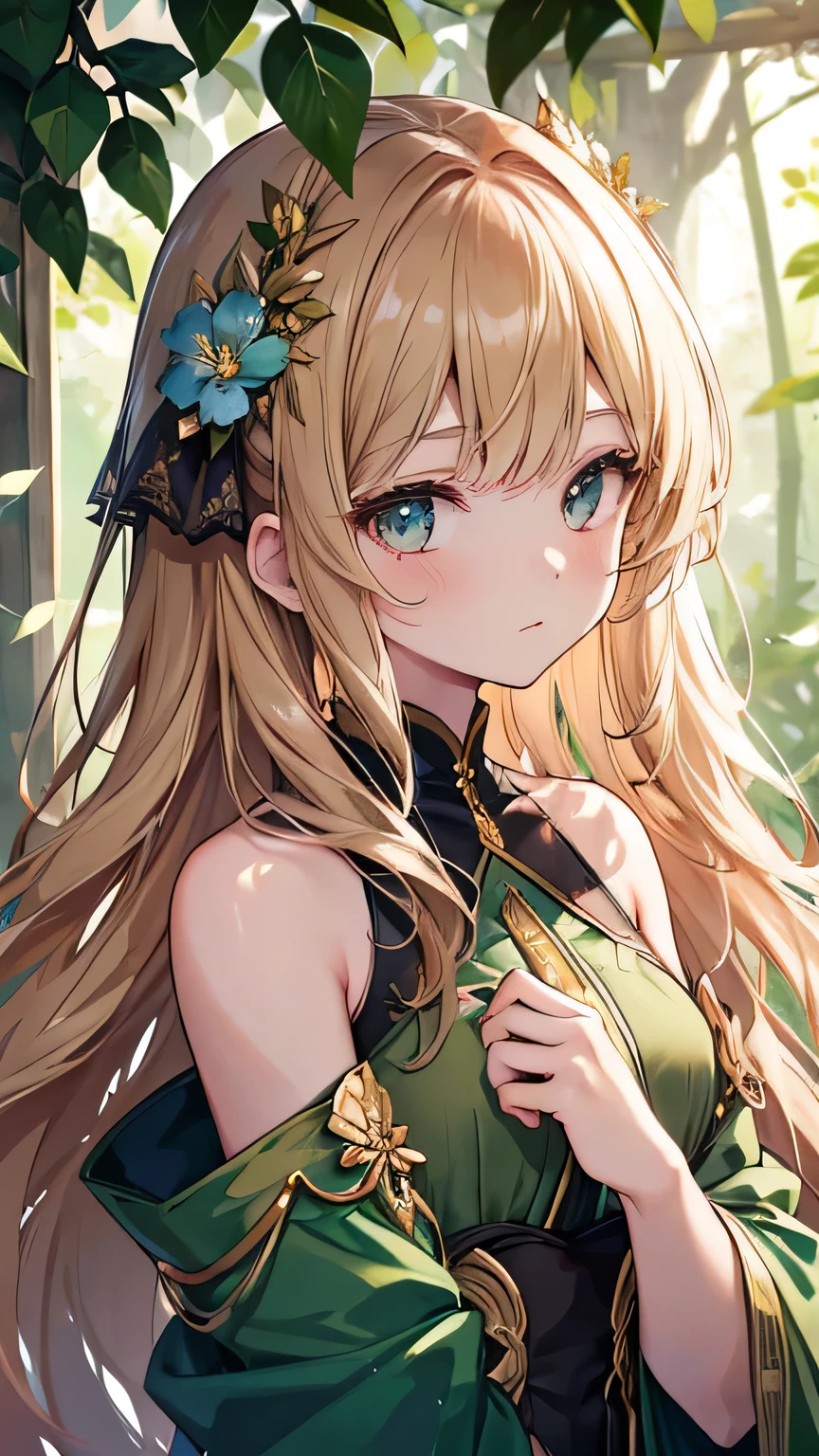 masterpiece, highest quality, High resolution, SA1, long young woman, Wavy chestnut hair, Made with intricate cuts、She is wearing a costume decorated with forest green flowers and small birds.. This outfit shows off a little bit of her shoulders., A glimpse of his toned arms, wood々Sunlight shining through, A natural cast, A mysterious glow on her lovely features. This exquisitely drawn image、It's a testament to the beauty of nature and the artistry of costume designers.。. 4K, High resolution, One Woman, Software Features, Captivating smile, Long Wavy Hair, Green and floral dress, Bird Accessories, sunlight