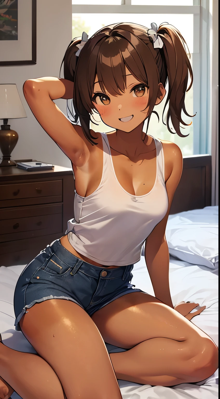 highest quality、Elementary school student bra、Beige shorts、Cool look、Stretch your legs in the room、Armpit sweat、Grass、Ecstasy face,(Attractive person)， (girl１name)， (Highly detailed face, smile) ,, (日本のgirl), Slightly round face, (Tan brown face:1.6), cute, Big eyes、2D，highest quality，(masterpiece)，(((whole bodyが映る)))，(((whole body)))，Himekaito Hatate，(Twin tails:1.6)，((Brown Hair))，Healthy brown skin，((Denim hot pants))，Pink Tank Top，Shining bare feet，barefoot，Beautiful brown eyes，Attractive thighs，Sloppy body type，Bedroom，get drunk，Upward glance，cheeks are bright red，あざでcute，Sexy as hell，Erotic look，whole bodyに汗の大きな滴，humid，Sleep with your legs stretched、My Room、（Lie down in bed.），Side View Angle，Angle to emphasize the buttocks