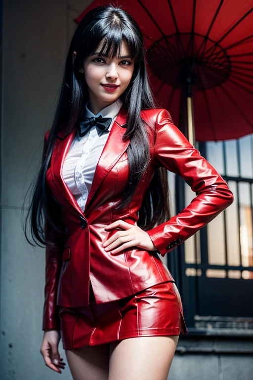 Original photo:1.2),(Realistic:1.4),Beautiful detailed girl,Very detailed eyes and face,Beautiful details in the eyes,Ridiculous,incredibly Ridiculous,Very detailed,High resolution,Very detailed,highest quality,masterpiece,figure,Very detailed,CG,Unified,8k wallpaper,wonderful,The finer details,masterpiece,highest quality, Perfect lighting,1 girl, (((Kakegurui Yumeko))),Long Hair, Blunt bangs, Red eyes, , Red jacket, pantyhose, White shirt, Black Ribbon, Pleated skirt, Dynamic pose, (((Wicked Smile))), (((glamping)))