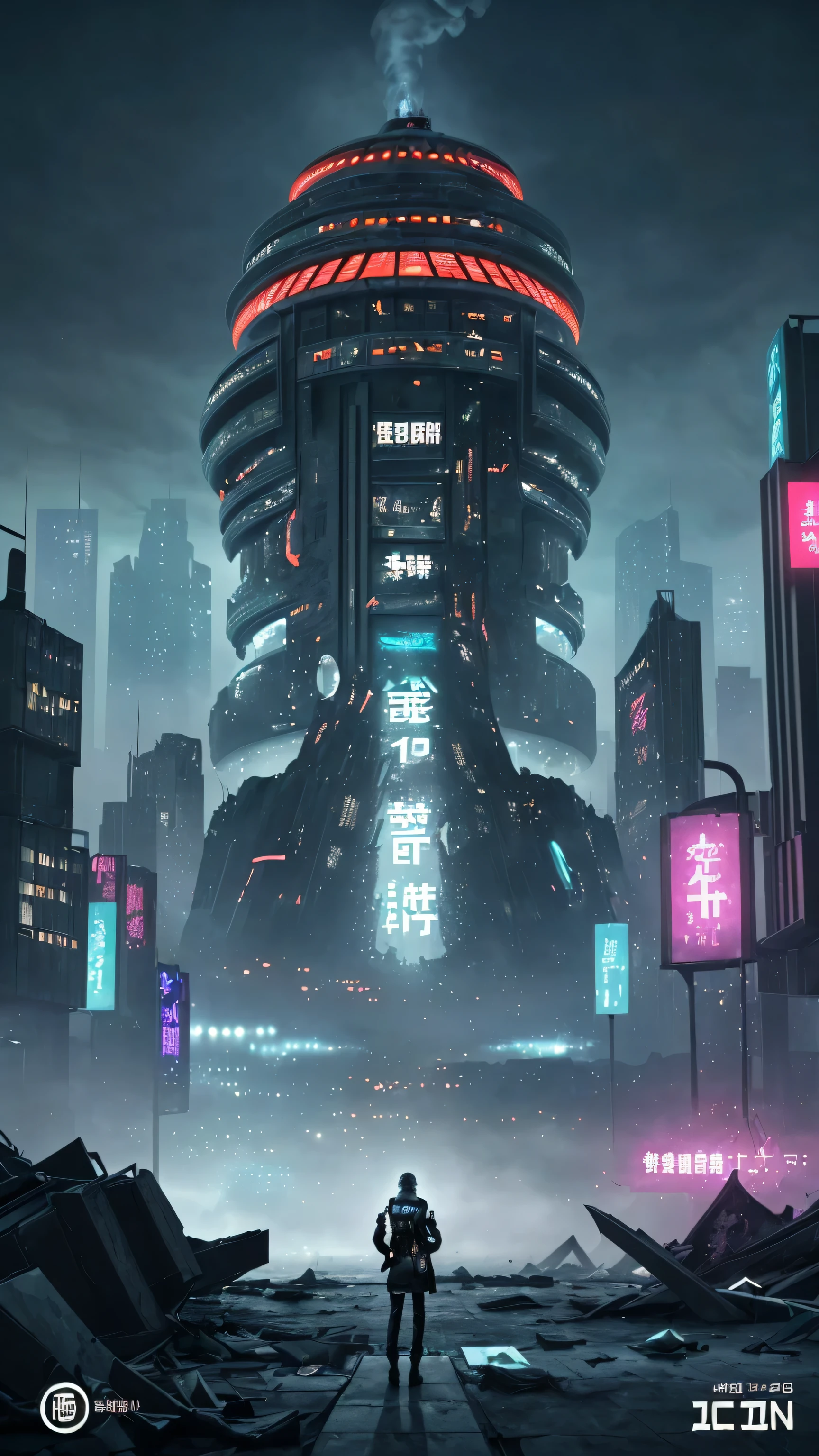 ICIN《2067》Chapter 6 Cover Image Creation, A futuristic city was completely destroyed, Because a virtual reality game polluted people's minds. Images should convey a sense of chaos, Desolation and destruction, building destroyed, Empty streets and eye-catching technology. Use dark and cool colors to create a dark and hopeless atmosphere, Ensure that the message is impactful and engaging to the reader.