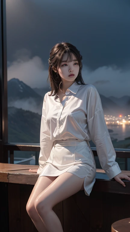 a girl around 20 year old in the thin long sleeve  shirt sitting  in roof top bar , mountain background , pool of mist ,dark theme , mood and tone , light and shadow , realistic , 4k , Photo by Leica M11