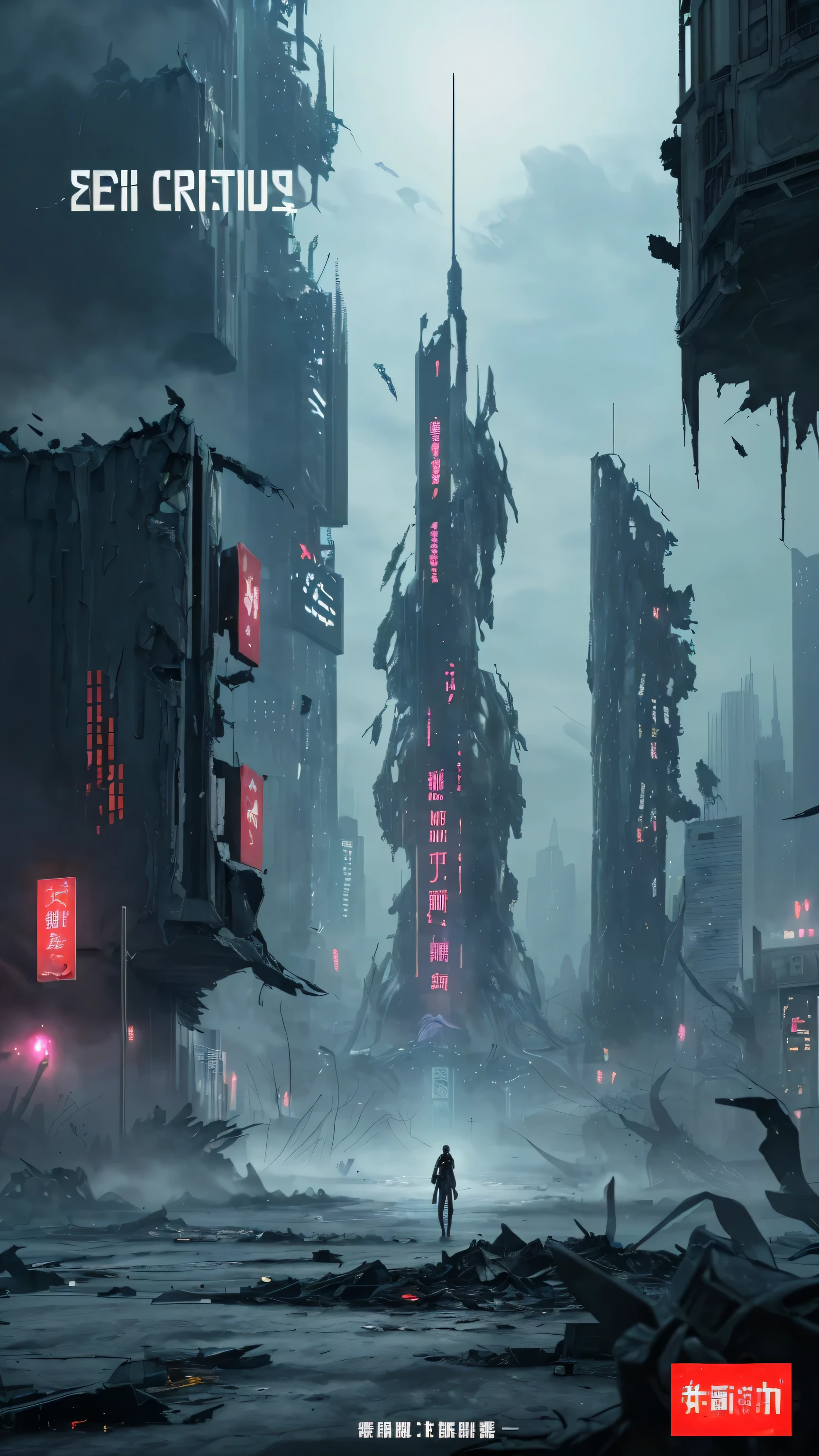 ICIN《2067》Chapter 6 Cover Image Creation, A futuristic city was completely destroyed, Because a virtual reality game polluted people's minds. Images should convey a sense of chaos, Desolation and destruction, building destroyed, Empty streets and eye-catching technology. Use dark and cool colors to create a dark and hopeless atmosphere, Ensure that the message is impactful and engaging to the reader.