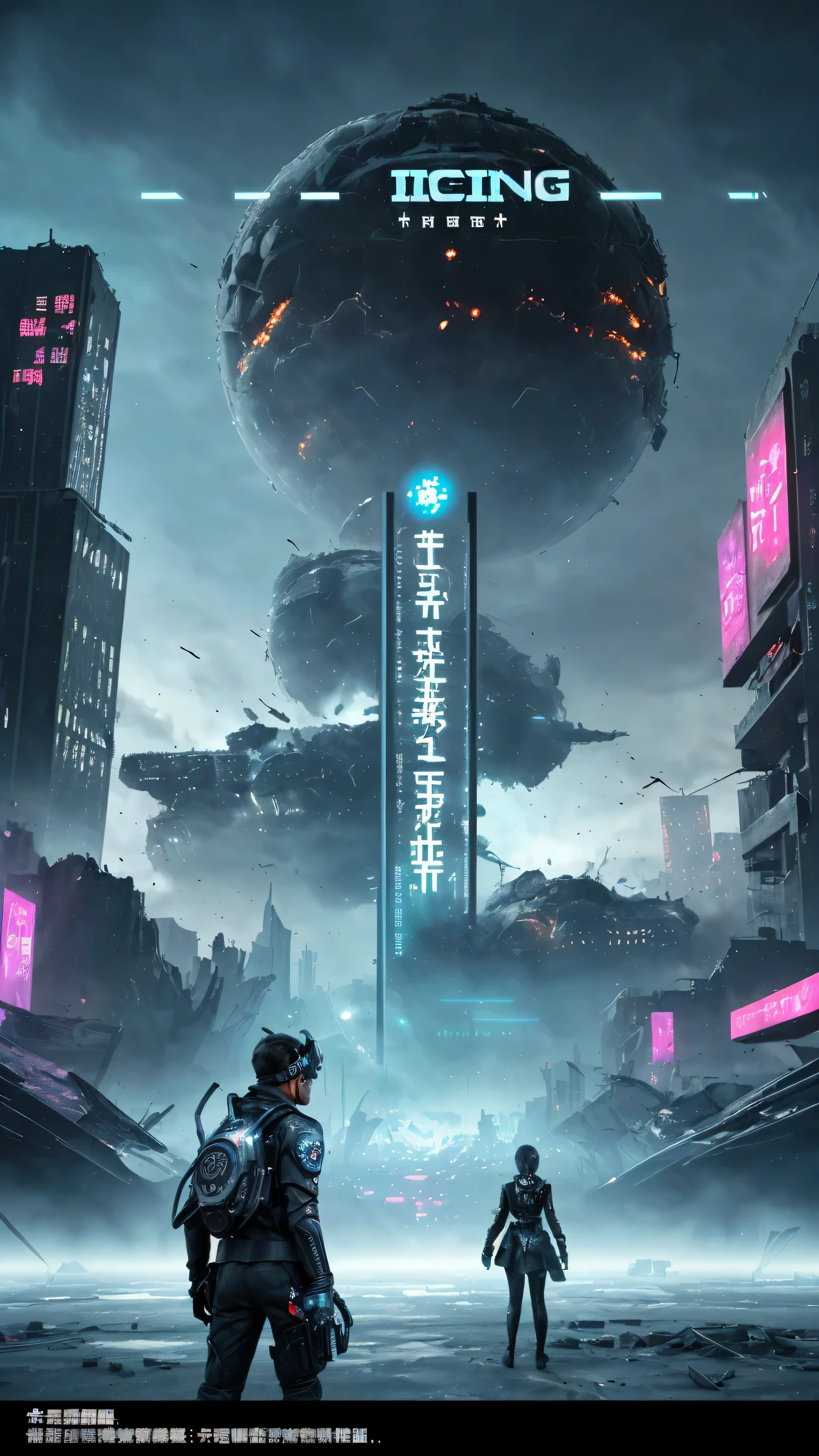 ICIN《2067》Chapter 6 Cover Image Creation, A futuristic city was completely destroyed, Because a virtual reality game polluted people's minds. Images should convey a sense of chaos, Desolation and destruction, building destroyed, Empty streets and eye-catching technology. Use dark and cool colors to create a dark and hopeless atmosphere, Ensure that the message is impactful and engaging to the reader.