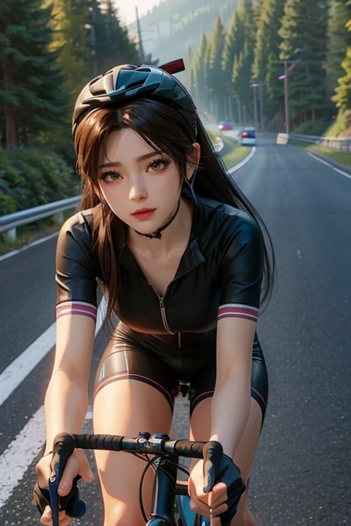 (((masterpiece))), (((best quality))), (((Ride a road bike))), downhill, steep slope, eye mask, earphone, Cycling shorts, wind, Speed line effect, alone, 1 girl, ribbon, long hair, Split, big , Shy. blush,