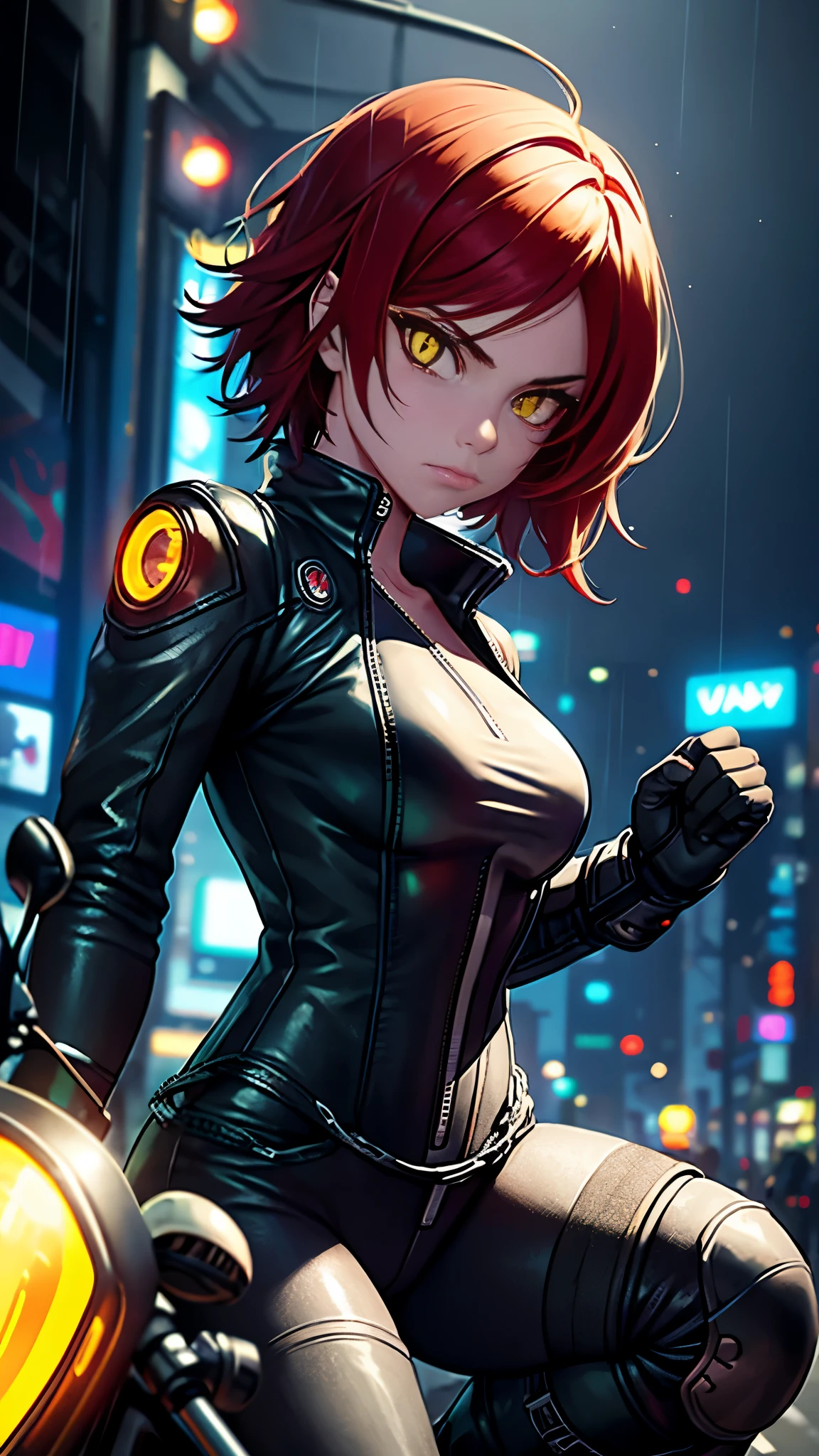 biker girl, motorcycle, Leather one-piece garment, Short hair, yellow glowing eyes, Dark colors, ultra detailed face, long eyelashes, skinny, Cyberpunk, Neon lights, Red hair, long boots, tightsuit, Night, the city street, mitts, rain