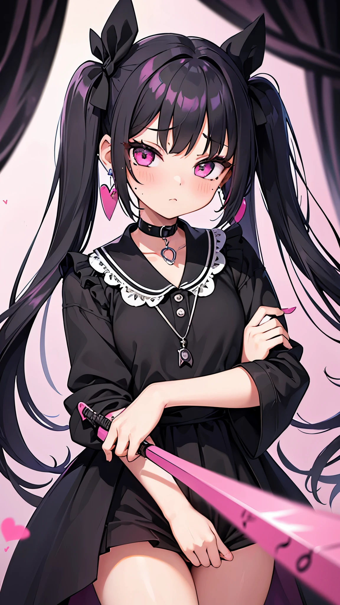 The girl in black has pink hair, Big eyelashes, And I have a knife and a necklace, One girl, alone, Twin tails, Black Hair, jewelry, jirai kei, bow, Long Hair, Cute eyes, Earrings, Mole under eye, hair bow, blush, Hair Intake, View your viewers, shirt, Mole, heart, collar, Mouth closed