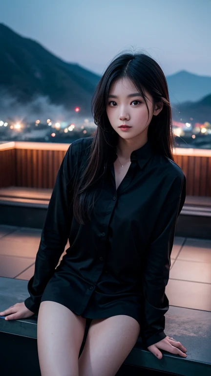 a girl around 20 year old in the thin long sleeve shirt sitting in roof top bar , mountain background , pool of mist ,dark theme , mood and tone , light and shadow , realistic , 4k , Photo by Leica M11