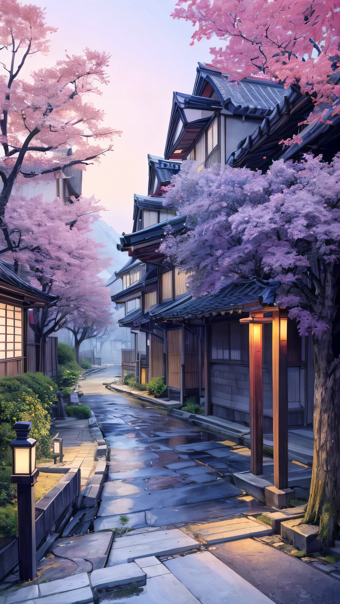A japanese village street with maple trees and houses, rainy day