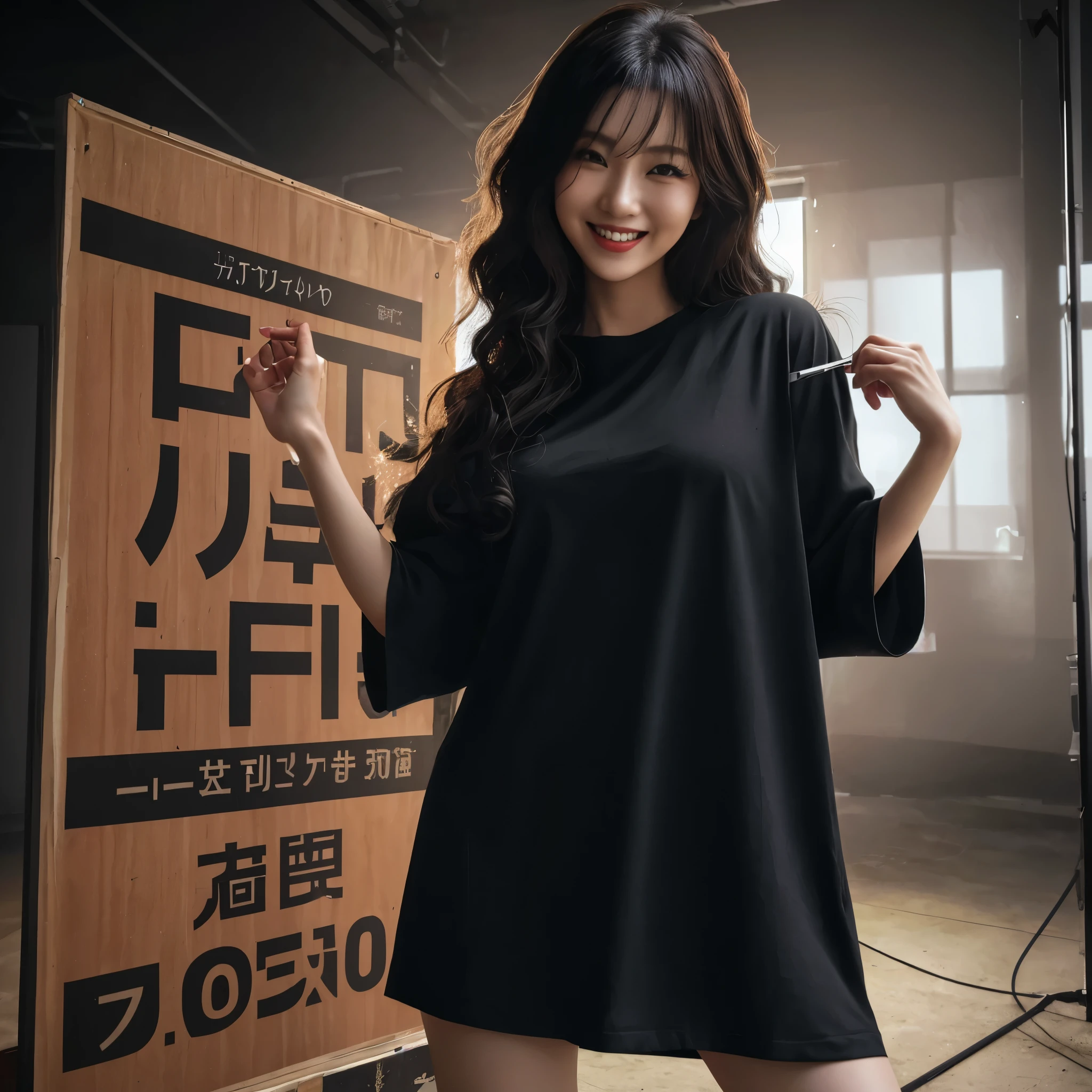 ((very sharp photo result & detailed face)) (((textile shading))), (((Best Quality))), (((masterpiece))), (((hyper realistic photo))) A japanese girl stylishly posing, long brown curly hair. wearing plain long dress oversized black t-shirt & black hotpants, She has long dark hair, she is smiling & winking her eyes, a big sign board beside her. cinematic mood, gritty atmosphere,4K, perfect scenery