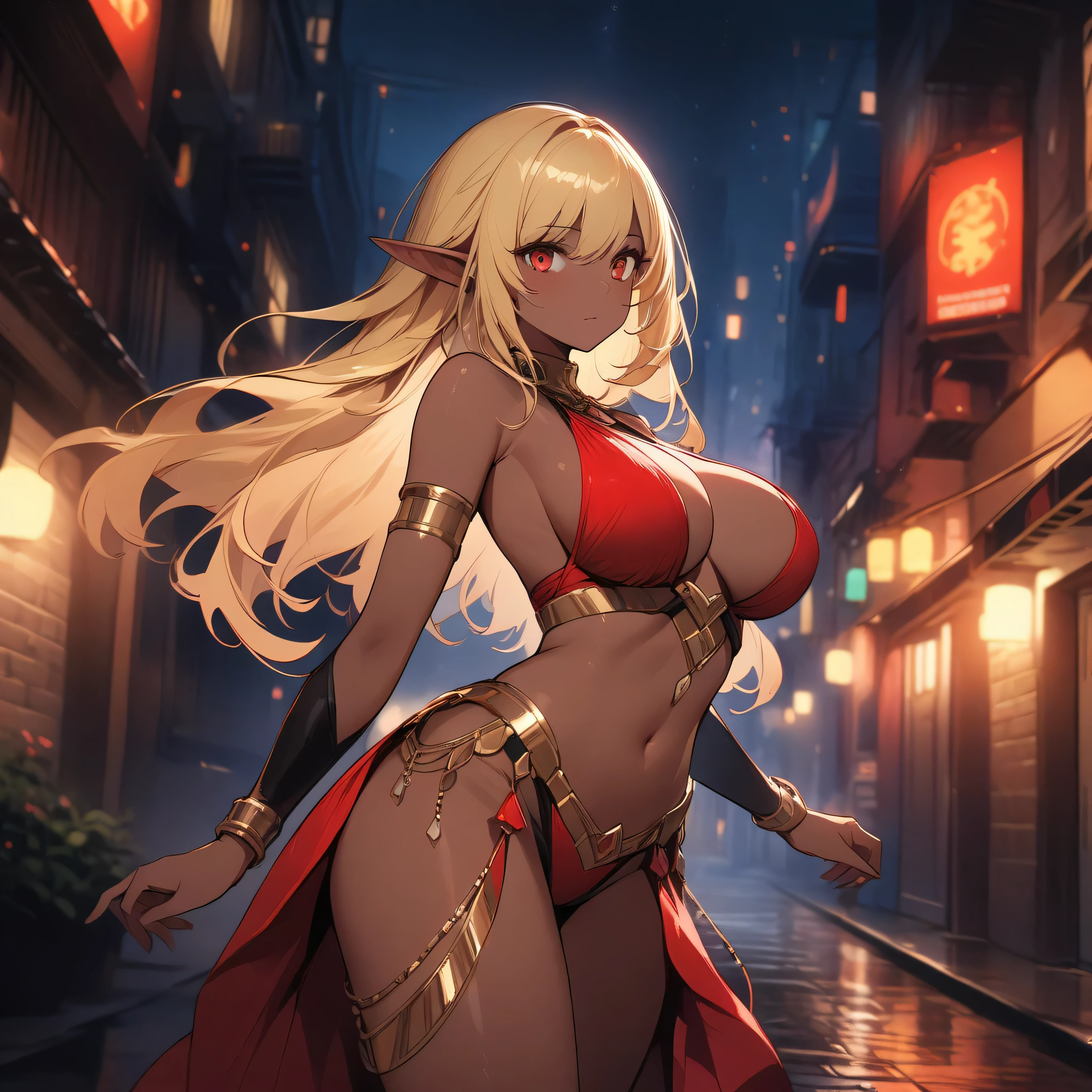 "(best quality, highres), 1 girl, dark elf, with beautiful long blonde hair and striking red eyes, big breast ,standing in the dimly lit streets at night. She is drawn in a detailed and mesmerizing illustration style. Wearing a sexy dancer outfit. Her dark skin shines under the ambient city lights, giving her an otherworldly appearance.+"