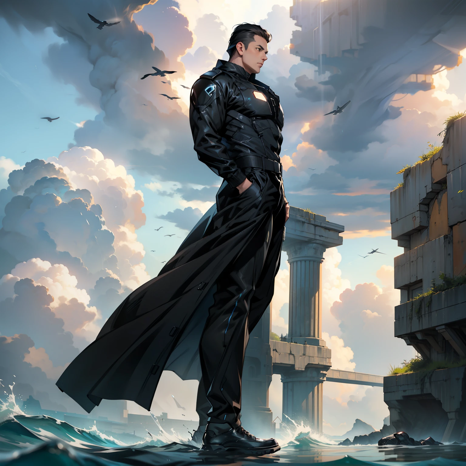 boys 26 Years old, juvenile, Serious face, brown eyes, black hair, brown eyes, hands behinds back, wearing ((black long matrix suits)), black oxfords shoes, levitated on water, ocean, blue sky, cloudy