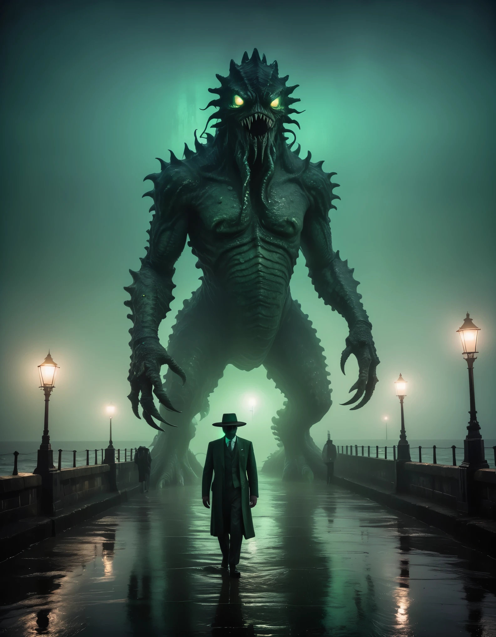 A photo of a (kolossal sea-monster:1.3), towers over a (lone wanderer:1.1) in vintage suit with hat, dark green scales, (Glowing eyes:1.2), foggy, dark seaside, night, hard to see, (eerie sea:1.1), ethereal light shafts, tranquil yet Foreboding, Sony A1, 1/800er, F/5.6, ISO 320, epic scale, high dynamic range, immersive environment, raw photography, professional grade,