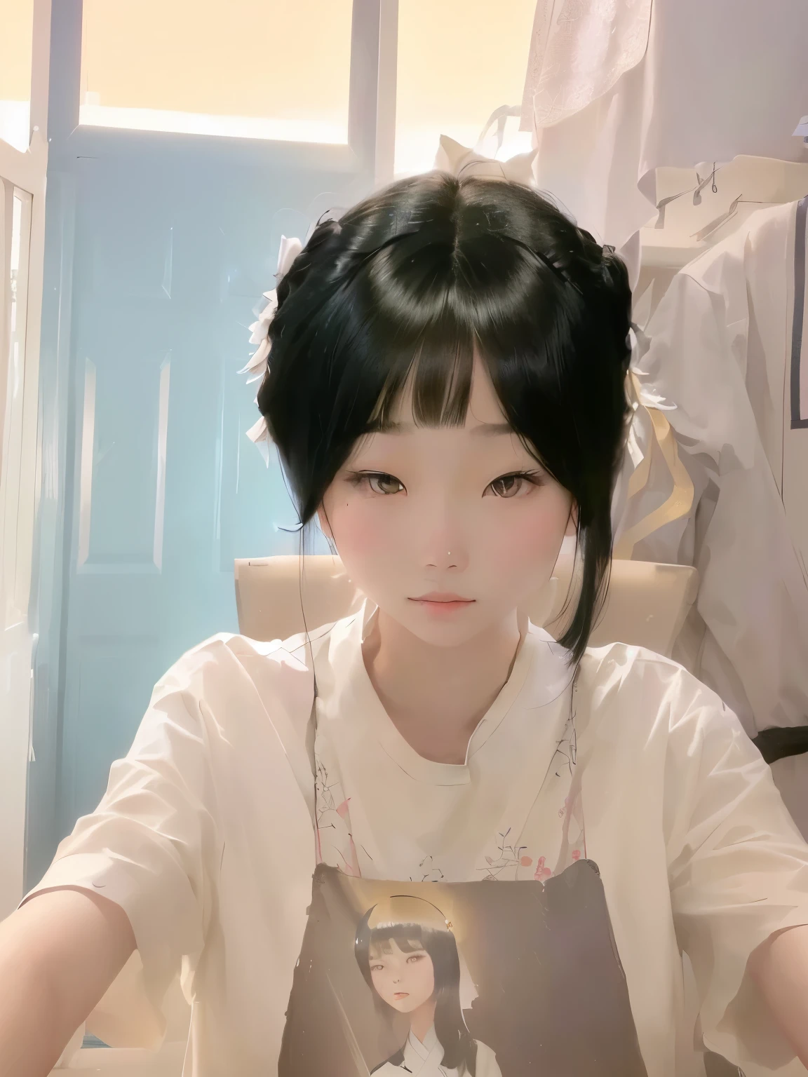 A young girl wearing a wig sits at a table, short hair, only a few bangs of hair, Ji Qie, she has black hair With bangs, neat hair With bangs, Same hairstyle, Hair black bangs hair, With bangs, black hair, Inspired by Mei Qing, inspired by Gao Xiang, black hime cut hair